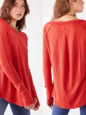 We The Free Coral-Red Ribbed Knit Tee